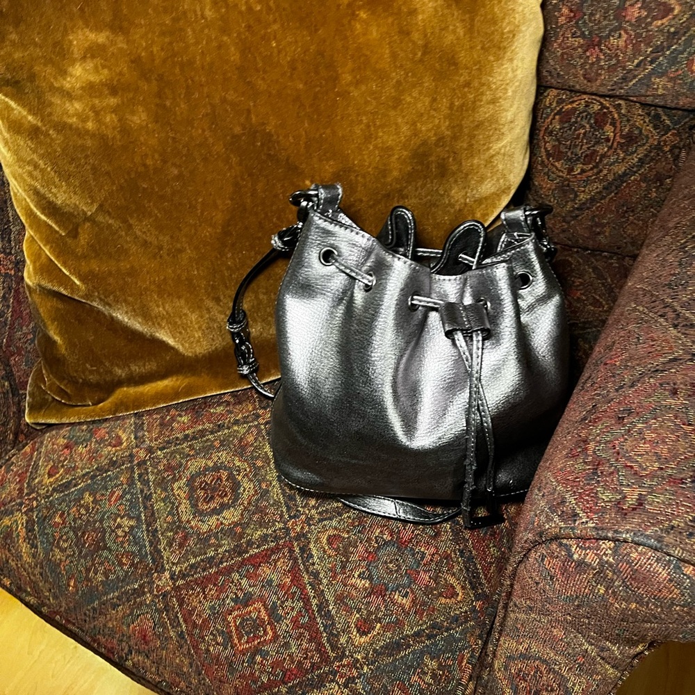Elliott Lucca Gray Metallic Leather Drawstring Bucket  Bag